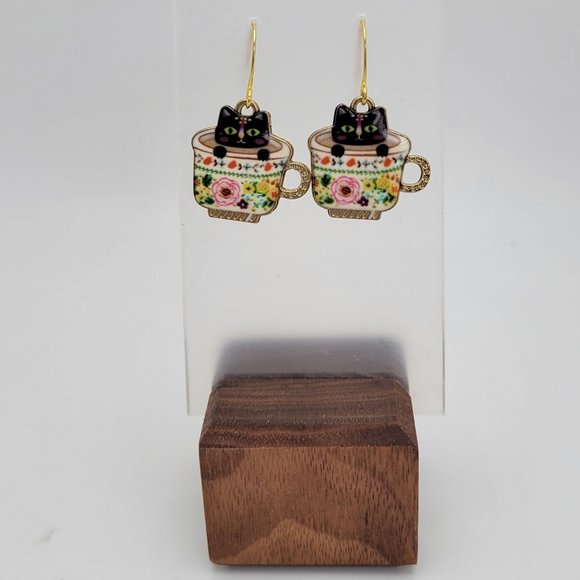 Zoey Rae Creations Jewelry - Kitty in Floral Teacups Earrings Dangle Hook Hypoallergic Gold Plated Black